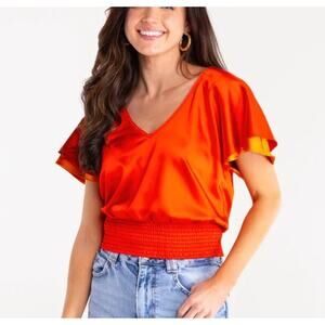 S'edge Women's Simone Satin Top Blouse Siren Red Orange Sleeve Size Large NWT